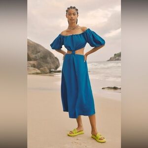 Farm Rio Blue Knot Midi Dress Linen Blend Non Stretch Off Shoulder Size M